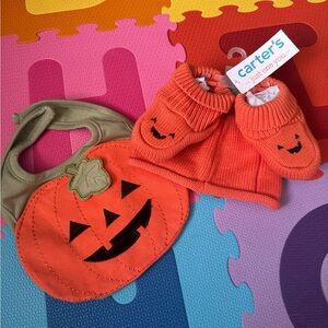 Carter's Orange Pumpkin Bib and Booties Set